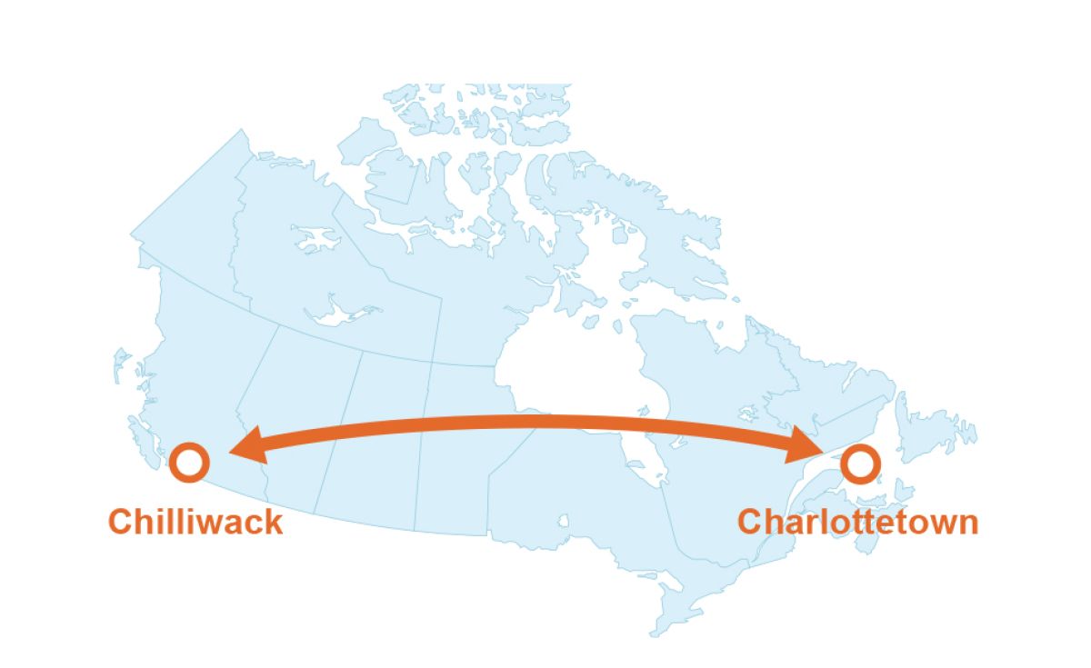 Map showing distance between Chilliwack and Charlottetown in Canada