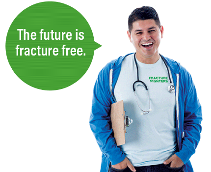 Doctor holding a clipboard saying "The future is fracture free"